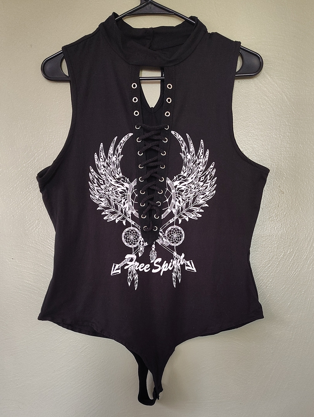 Iris Black Lace Up Front White Free Spirit Graphic Bodysuit Plus 1X NWT Grunge